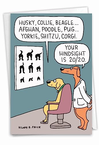 NobleWorks - 1 Funny Pet Birthday Card - Colorful Cartoon Animal Puppy Jokes, Bday Notecard for Him, Her - Dog Eye Exam C2435BDG