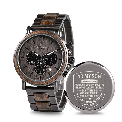 2win Engraved Personalized Wooden Watch for Boyfriend My Man Fiancé Husband Customized Wooden Watches for Men Personalized Watch (B-for Son from Mom)