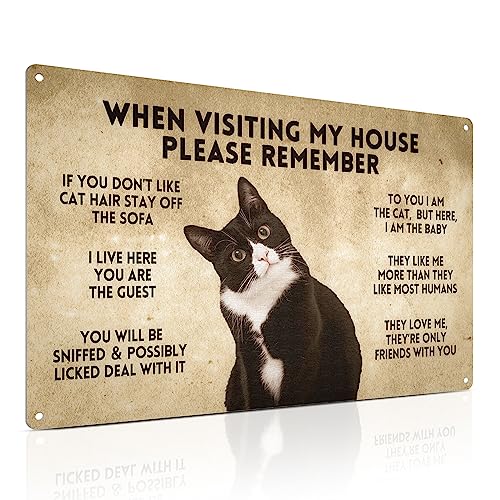 ALKB Funny Tuxedo Cat-Themed Sign 8x12 Inch - Visitor’s Guide to Interacting with Cats - Gift for Cat Lovers’ Home Decor