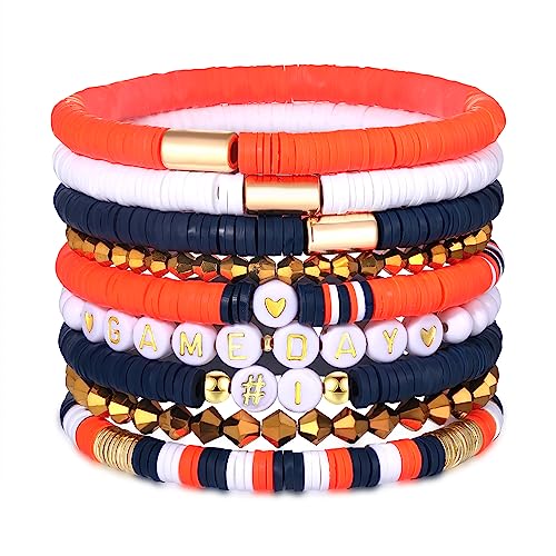 VOGUEKNOCK 9 Pack Game Day Bracelets for Women Stackable Heishi Beaded Stretch Bracelet Football Sport Fan Bracelet Sports Game Team Jewelry Accessories Gifts (Orange Navy)