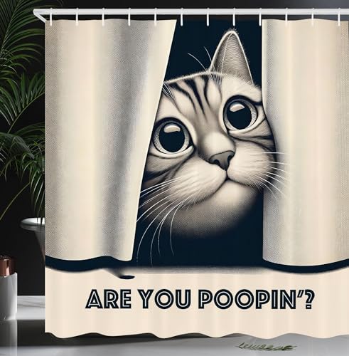 Ambesonne Cat Shower Curtain, are You Poopin' Curious Kitty Retro Effect Funny Whimsical Humorous Joke Concept, Cloth Fabric Bathroom Decor Set with Hooks, 69' W x 70' L, Dark Blue Ivory