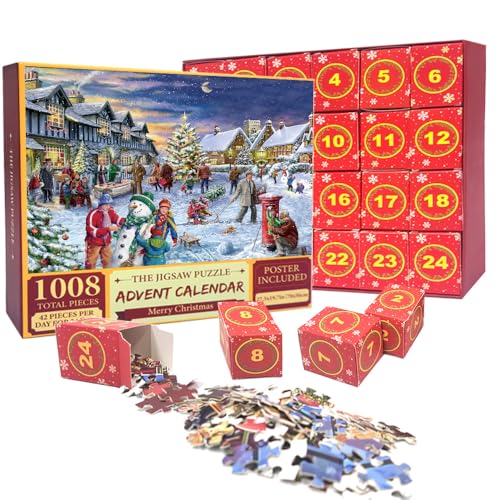 Advent Calendar 2024 Puzzle,Christmas Jigsaw Puzzle 1000 Pieces,Adult and Kid Toy Gift,1008 Pieces in 24 Mini Boxes,Snowy Landscape Puzzle
