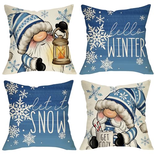 Fjfz Hello Winter Blue Gnome Decorative Throw Pillow Covers 18x18 Set of 4, Let It Snow Snowflakes Hot Cocoa Lamp Porch Outdoor Home Decor, Get Cozy Seasonal Decorations Sofa Couch Cushion Case