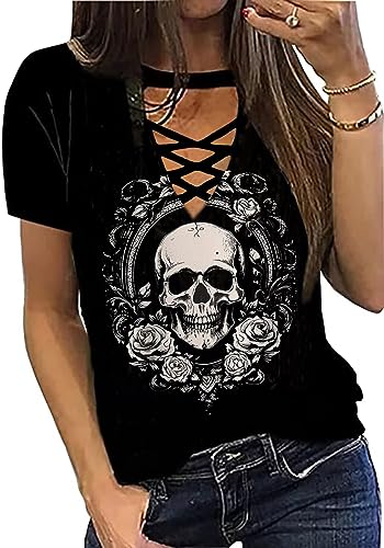 Skull Floral Criss-Cross Hollow Out T-Shirt Women Funny Skeletons Roses Graphic Shirt Casual Short Sleeve Vacation Tops(Black,L)