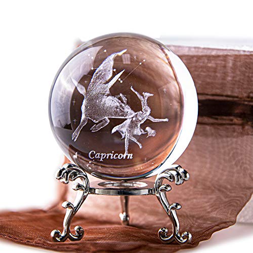 3D Laser Constellation Ball Crystal Paperweight Full Sphere Glass Fengshui With Sliver-Plated Flowering Stand(Capricorn)