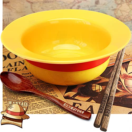 shiningsoul 3 PCS ONEPIECE Luffy Straw Hat Bowl Set (Straw Hat Ceramic Bowl + Carve ONEPIECE Wooden spoon & Chopsticks) Dishwasher & Microwave Safe - Good Gift for Anime Fans