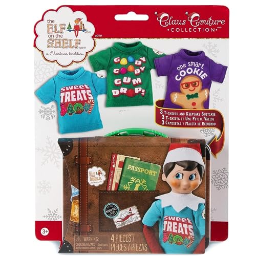 The Elf on the Shelf Claus Couture Sweet Treat Tees for Your Scout Elf - Includes Three tees with Collectible tin Suitcase for Accessories