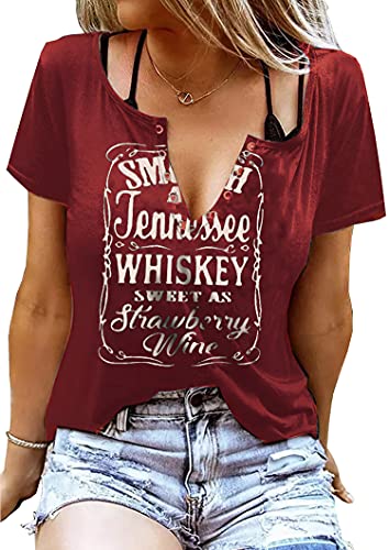 Smooth As Tennessee Whiskey Sweet As Strawberry Wine T-Shirt Women Sexy V-Neck Shirt Country Music Short Sleeve Shirt (Wine Red, Medium)