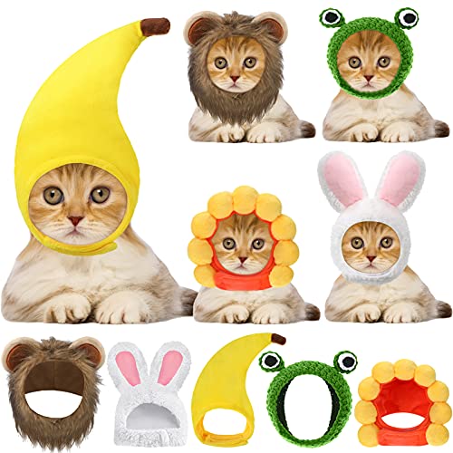 5 Pcs Cat Hat Adorable Costume Bunny Hat with Ears Funny Mane Hat for Cats and Small Dogs Kitten Puppy Party Costume Accessory Headwear (Lion, Frog, Rabbit, Sunflower, Banana)