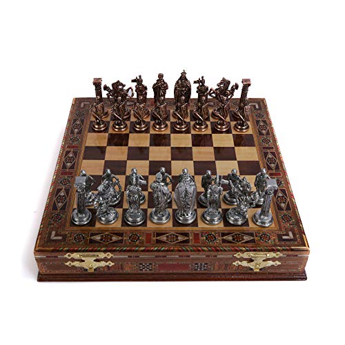 Medieval British Army Antique Copper Metal Chess Set for Adults,Handmade Pieces and Natural Solid Wooden Chess Board with Storage Inside King 3.35inc
