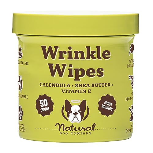 Natural Dog Company Wrinkle Wipes for Dogs, 50 Count, Hypoallergenic Dog Wipes, Wrinkle Wipes French Bulldog, Cleaning & Deodorizing, Dog Wipes for Grooming Faces, Paws & Butts