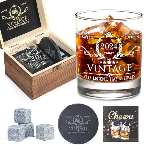 Retirement Gifts for Men Whiskey Glass Set - The Legend Has Retired 2024 - Retirement Party Decorations, Supplies - Gifts Ideas for Him, Dad, Husband, Friends - Wood Box & Whiskey Stones & Coaster