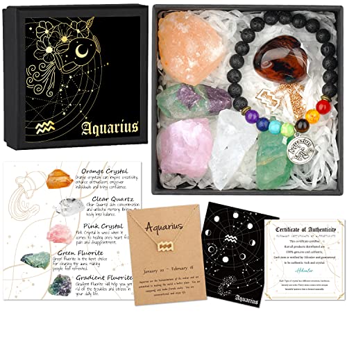 Aquarius Zodiac Gifts for Women Spiritual Gifts Horoscope Gifts with Birthstone Zodiac Necklace and Chakra Bracelet Cancer Astrology Crystal Set and Healing Stone Gifts