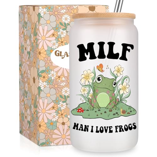 Fairy's Gift Cute Frog Cup, Iced Coffee Cup, Frosted Glass Cup w/Bamboo Lid & Straw - Man I Love Frogs - Frog Themed, Mothers Day, Frog Gifts for Women Mom Wife, Pregnant Friend, Girlfriend