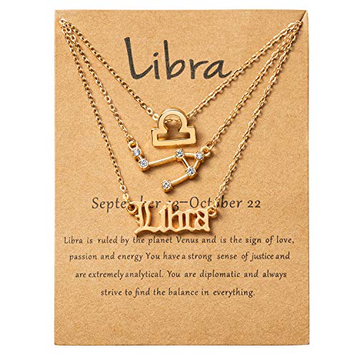 PANTIDE 3Pcs Libra Zodiac Layer Necklaces for Women Retro Gold Plated 12 Constellation Pendant Letter Necklaces Exquisite Letter Horoscope Old English Zodiac Sign Necklace Jewelry Birthday Gift(Gold)