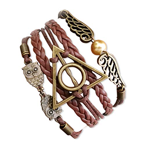 Handcrafted Harry Potter Bracelet,Bronze Owls Wings Golden Bead Charm Leather & Rope Wristband Bracelet