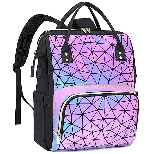 LOVEVOOK Geometric Luminous Laptop Backpack for Women, Holographic Reflective Laptop Bag with USB port, Fashion Purses Travel Bags Vintage Daypacks for Casual, College, Work