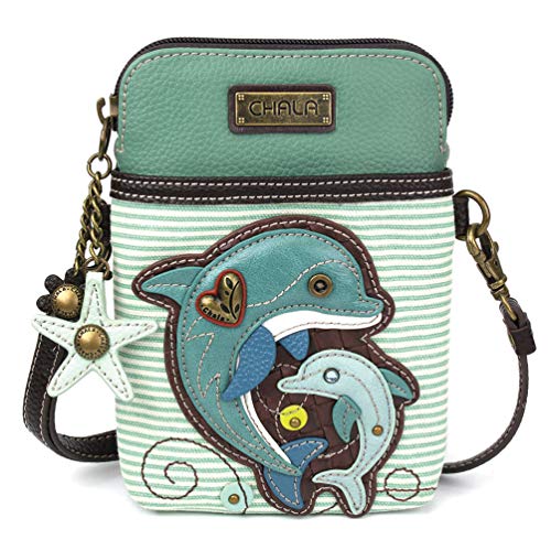 CHALA Cell Phone Crossbody Purse-Women PU Leather/Canvas Multicolor Handbag with Adjustable Strap - Dolphin - teal stripe