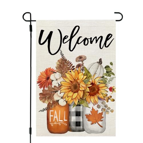 CROWNED BEAUTY Fall Garden Flag 12x18 Inch Double Sided Burlap for Outside Welcome Mason Jars Floral Small Seasonal Autumn Yard Decoration CF1035-12