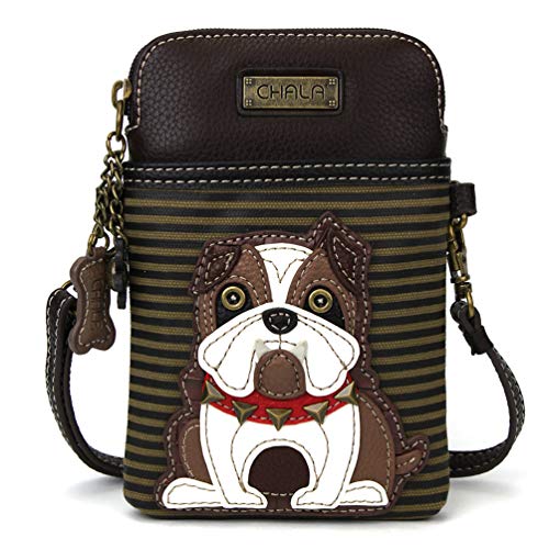 CHALA Cell Phone Crossbody Purse-Women PU Leather/Canvas Multicolor Handbag with Adjustable Strap - Bulldog - olive stripe