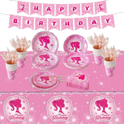Aoerfes Girl Party Plates for Princess Pink Party Decoration, Serves 24 Guests Plates and Napkins Cup Tablecloth Dinnerware for Princess Doll Theme Girl Birthday Party Tableware
