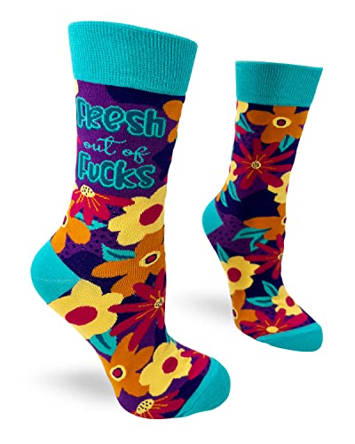 Fabdaz Women's Novelty Floral Crew Socks with Funny Saying - Fresh Out of F-cks - 1 Pair - 1 Size Fits Most