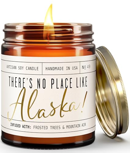 Alaska Gifts, Alaska Decor for Home - 'There's No Place Like Alaska Candle, w/Frosted Trees & Mountain Air I Alaska Souvenirs I Alaska State Gifts I 9oz Jar, 50Hr Burn, USA Made