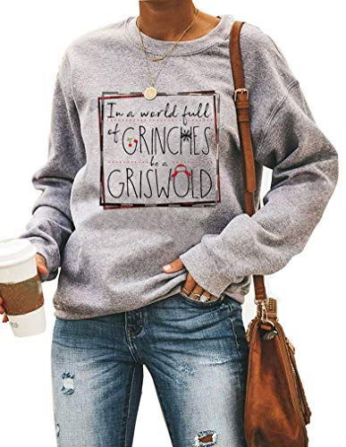 LANMERTREE in A World Full of Grinches Be a Griswold Sweatshirt Tshirt for Women Funny Christmas Graphic Raglan Pullover Tops (X-Large, Grey)