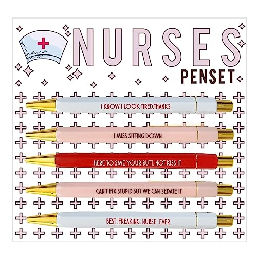 Jxueych Funny Pens RN Gifts for Nurses, 5-Count, Black Ink, Medium Nib 1.0mm, Personalized Nurse Gifts for Women Men Vibrant Funny Quotes Daily Pen Set (C)