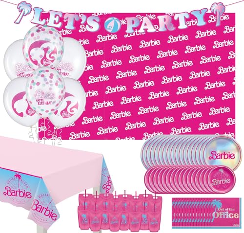 Barbie Kids Birthday Party Supplies, Serves 16 - Dessert & Lunch Paper Plates, Beverage Napkins, Paper Cups, Tablecloth & Balloons - Barbie Birthday Decorations Kit for Boys & Girls
