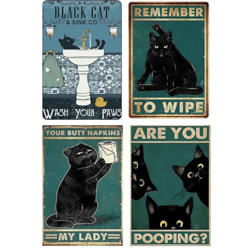 4PC Funny Cat Metal Tin Signs Posters for Bathroom Restroom | Fun Toilet Bathrooms Wall Decor Sign Door Poster | Are you Pooping Poop Remember to Wipe Sayings Stuff Art College Accessories