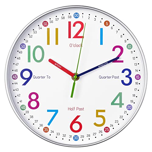 Telling Time Teaching Clock - Learning Clock for Kids - Kids Wall Clocks for Bedrooms - Kids Wall Clock- Silent Analog Kids Clock for Teaching Time ,for School Classrooms Playrooms and Kids Bedrooms
