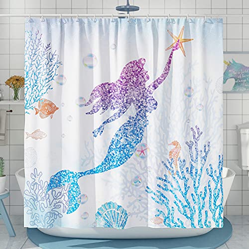 DESIHOM Cute Mermaid Shower Curtain Set, Glitter Fish Scale Girls Shower Curtains for Bathroom Kids Bathroom Decor Polyester Fabric-72' x 72'