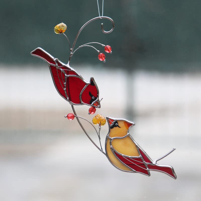 Handmade Cardinal Suncatcher Red Bird Ornaments for Window,Cardinal Bird Stained Glass Window Hanging，Cardinal Gifts for Mom Grandma,Housewarming Gifts (Cardinal)