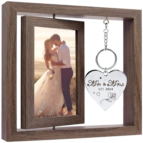 Wedding Gifts for Couples 2024,Rotating Floating Mr and Mrs Picture Frame,4x6 Rustic Picture Frame Engagement Gifts for Couples,Bridal Shower Gifts for Bride to Be