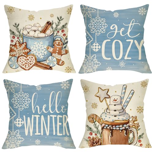 Fjfz Hello Winter Blue Decorative Throw Pillow Covers 18x18 Set of 4, Get Cozy Hot Cocoa Gingerbread Cookie Snowflakes Porch Outdoor Home Decor, Holly Berry Pine Cone Snow Seasonal Couch Cushion Case