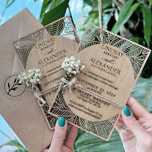 Pack of Personalized Wood Wedding Invitation - Laser Cut Wedding Invitations - White Flower Twined Wooden Invitations with Envelopes & Stickers -