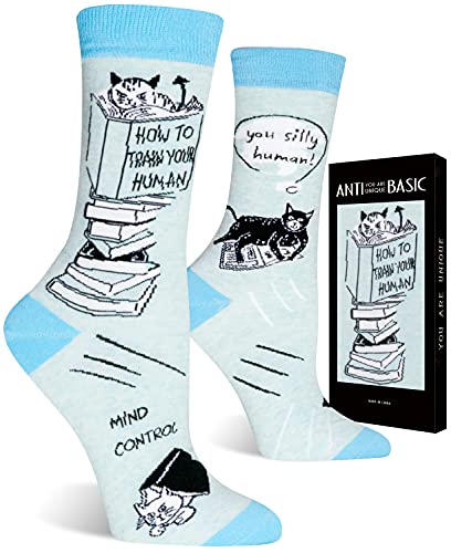 ANTI BASIC Novelty Cat Socks Gift for Women(fits Women shoe size 6-12)(cat book)