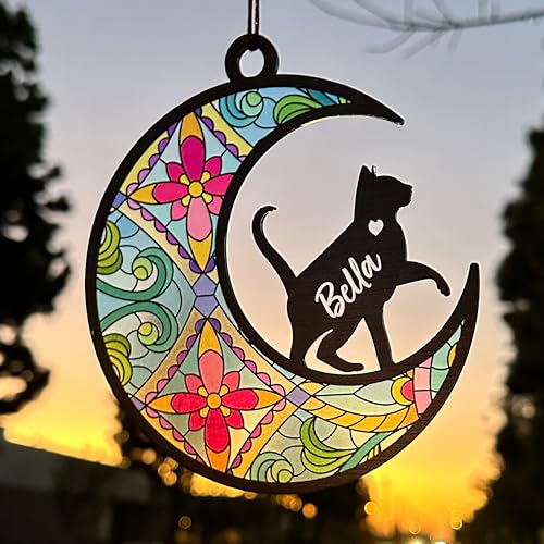 GIFTBYGIFTY Cat Memorial Suncatcher Ornaments, Personalized with Name and Cat Breeds, Loss of Pet Sympathy Suncatcher Gifts for Cat Lovers, 3.5in Stained Glass Look Acrylic Ornament