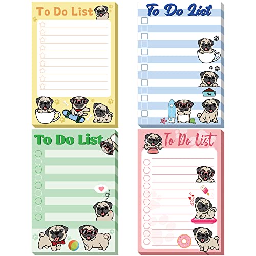 4 Pads Funny Animal Sticky to Do Notepad Chicken Hens Dogs Cats Pigs Lover Gifts Chicken Scratch Notepad Chicken Gifts for Rooster Baby Chicklet Barn Office Decor Accessories, 4 x 6''(Pug)