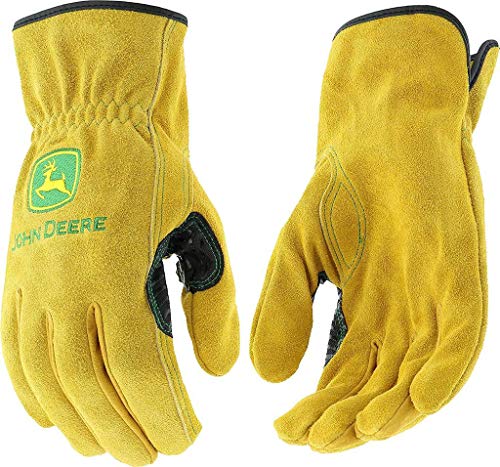 John Deere JD00004 Leather Gloves - X Large Size Split Cowhide Work Gloves with Shirred Elastic Wrist. Hand Protection Wear, Yellow, 2 Count (Pack of 1)