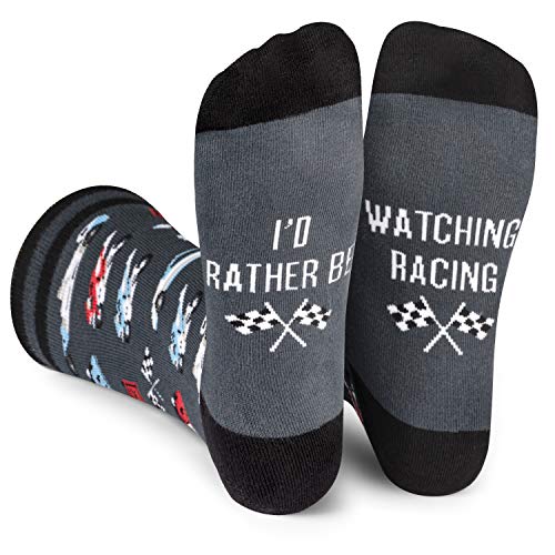 I'd Rather Be - Funny Socks For Men & Women - Gifts For Golfing, Hunting, Camping, Hiking, Skiing, Reading, Sports and more (US, Alpha, One Size, Regular, Regular, Watching Racing)