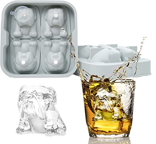 4 Cavity Bulldog Dog Shape Ice Cube Molds Reusable Silicone with Funnel for Whiskey Spirits Cocktails Bourbon (Morandi Blue)