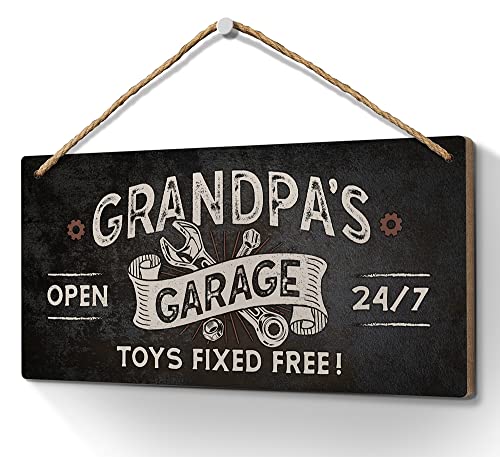 Heuhuww Grandpa Gifts,Grandpa's Garage Toys Fixed for Free Sign 6x12 Inch Vintage Garage Wall Decor Garage Signs Gifts for Papa,Papaw,Dad,Woodworking,Woodturning,Cabinet Maker,Mechanic