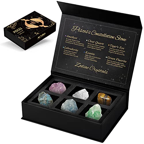 Pisces Crystals Gift Set, Zodiac Signs Healing Crystals Birthstones with Horoscope Box Set Pisces Astrology Crystals Healing Stones Gifts