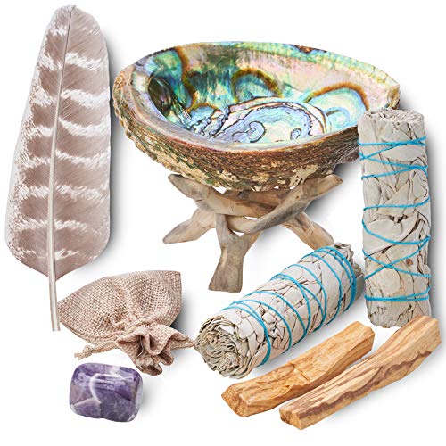 Blue River Sage Smudging & Energy Cleansing Kit with Amethyst, White Sage, Palo Santo, Abalone Shell, Stand & Guide (Regular)