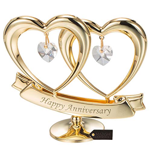 Matashi Gift for Mom - 24K Gold Plated 'Happy Anniversary' Inscribed Double Heart Table Top Ornament w/Clear Crystals - Wedding Anniversary Giftss for Her - Cake Topper & Mother's Day Gift