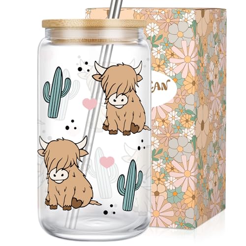 LEADO Cow Cup, Cow Coffee Mug, 16oz Glass Cups with Lid and Straw - Highland Cow Gifts, Cow Gifts for Woman - Cute Birthday, Mothers Day Gifts for Women, Cow Lover Gifts, Highland Cow Stuff