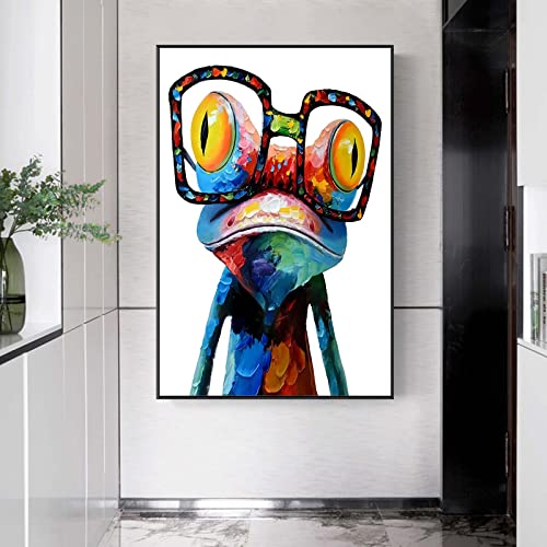 Cute Frog Wall Art Canvas Paintings Colorful Funny Frog with Glasses Pictures, Abstract Animals Canvas Wall Art Posters Prints for Bedroom Living Room Kitchen Bathroom Office Wall Decor