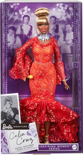Barbie Inspiring Women Doll, Celia Cruz Queen of Salsa Collectible in Red Lace Dress with Golden Microphone & Doll Stand